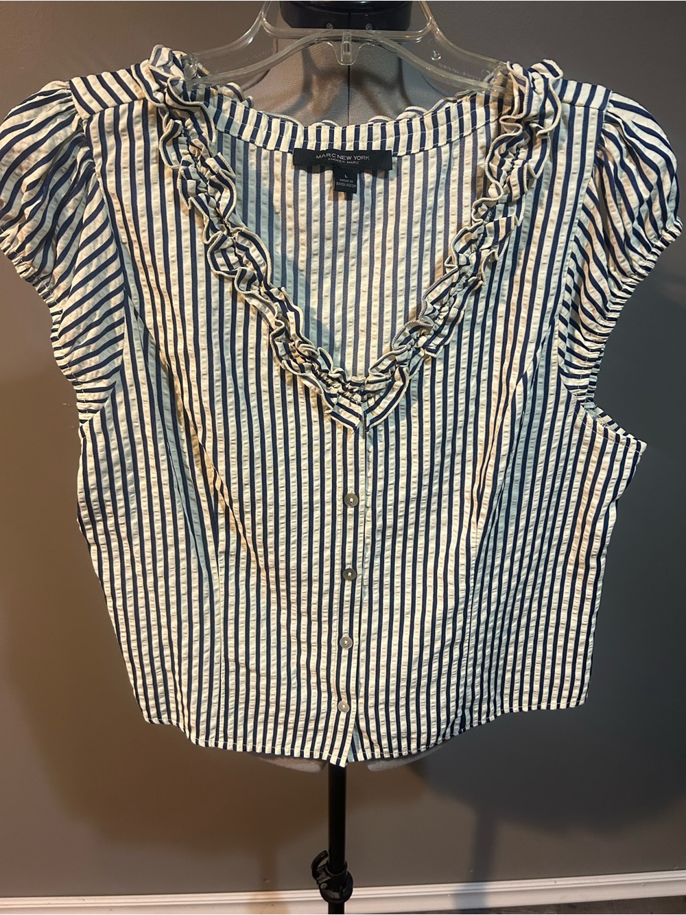 Marc New York Cream & Navy Vertical Stripe Ruffle V-Neck Button Blouse